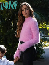 Lunivop Elegant Pink Mohair Knit Diamond Jumper For Women Long Sleeve Mock Neck Soft Warm Sweet